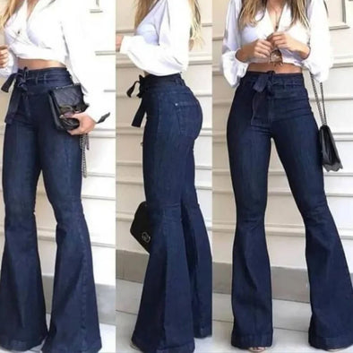 High waist flare jeans - Solid color zipper fly streetwear pants