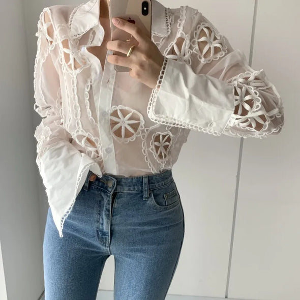 Captivate in Style: Sexy Hollow Floral Embroidery Blouse for a Dazzling Look