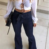 High waist flare jeans - Solid color zipper fly streetwear pants