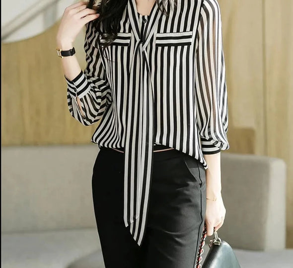 Haute Damsel's Striped Chiffon Shirt - Effortless Style for Every Occasion