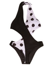 Women's Polka Dot Patchwork One Piece Swimsuit - V Neck Trikini Bikini