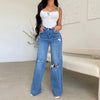 High Waist Wide Leg Jeans - Distressed Denim with Zipper Fly