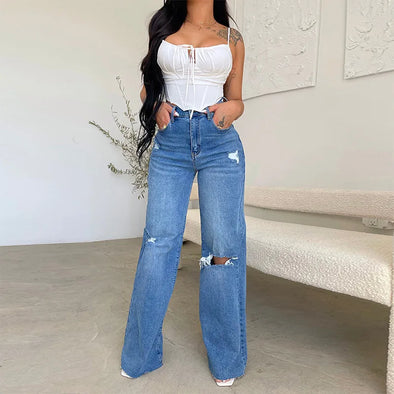 High Waist Wide Leg Jeans - Distressed Denim with Zipper Fly