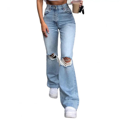 High waist flare jeans - Solid color zipper fly streetwear pants