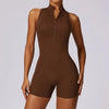 Seamless One-Piece Yoga Jumpsuit – front view in brown, showcasing minimalist design