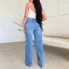 High Waist Wide Leg Jeans - Distressed Denim with Zipper Fly