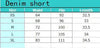 Size chart for the women's ripped denim shorts with curled hem