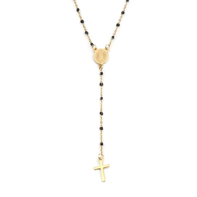 Stainless Steel Rosary Necklace – Virgin Mary and cross pendant on a link cable chain