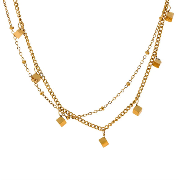 Stainless Steel Square Drop Necklace – double-layered overlay design
