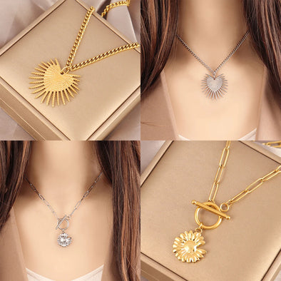 Sun Pendant Heart Necklace – sunburst and heart charms on a stainless steel choker chain