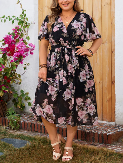 Surplice Neck Dress - Butterfly Sleeve, Belted, Floral Print A-line Summer Dress