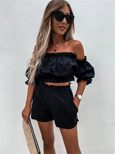 Summer Casual Lantern Sleeve Two-Piece Set – Top & Shorts