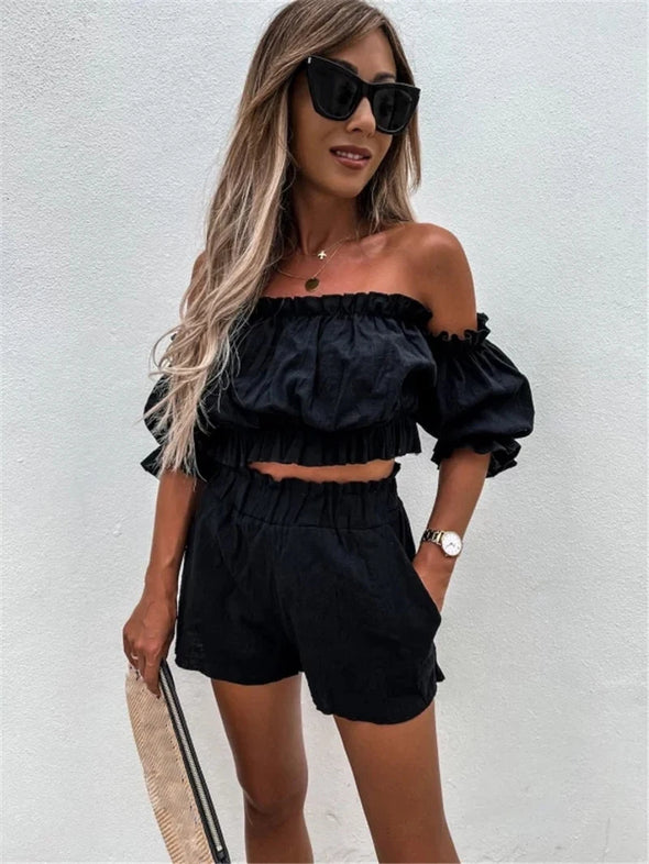 Summer Casual Lantern Sleeve Two-Piece Set – Top & Shorts