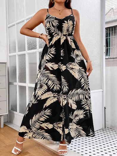 Tropical Oasis Jumpsuit - Plus Size, Cami Style, Summer Vacation, Loose Casual, Backless, Wide Leg Pants