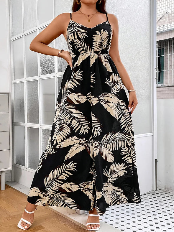 Tropical Oasis Jumpsuit - Plus Size, Cami Style, Summer Vacation, Loose Casual, Backless, Wide Leg Pants
