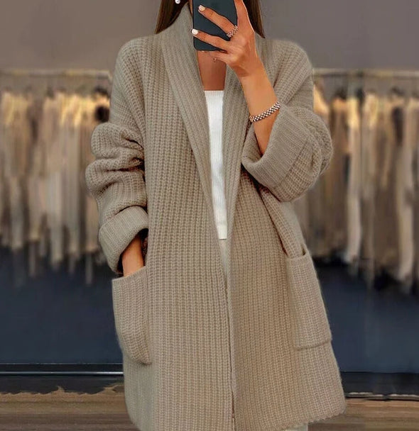 Autumn Women’s Thick Solid Color V-Neck Knitted Cardigan – Loose Sweater Jacket with Pockets  Front View Haute Damsel  Style B 