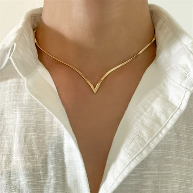 Vintage Flat Snake Chain Necklace with V-Shape Pendant, styled on a male model