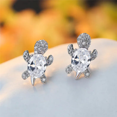 Gradient Turtle Stud Earrings with rainbow zircon stones –  White front view