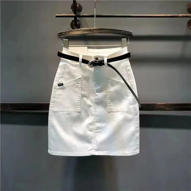 White patchwork denim mini skirt front view
