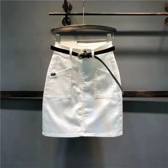 White patchwork denim mini skirt front view