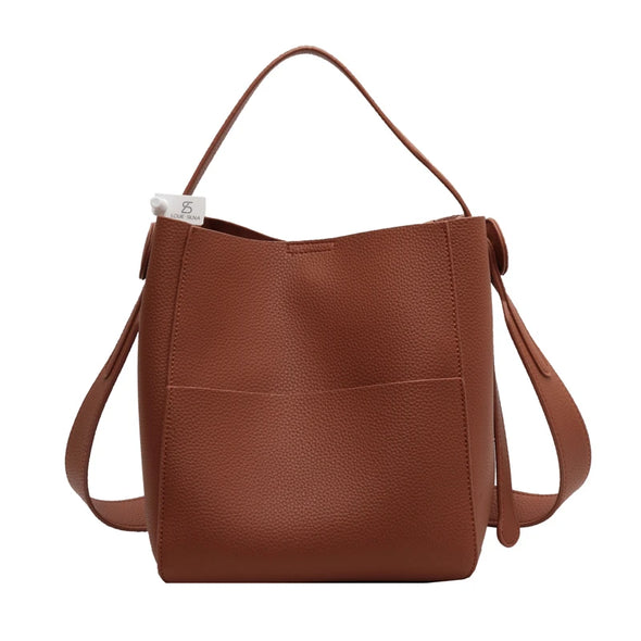Wide Strap Leather Bucket Tote – Large Capacity Multi-Function Shoulder Bag for Women | Casual Luxury Handbag