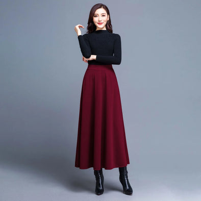 Wine Red Full view of midi A-line skirt front 