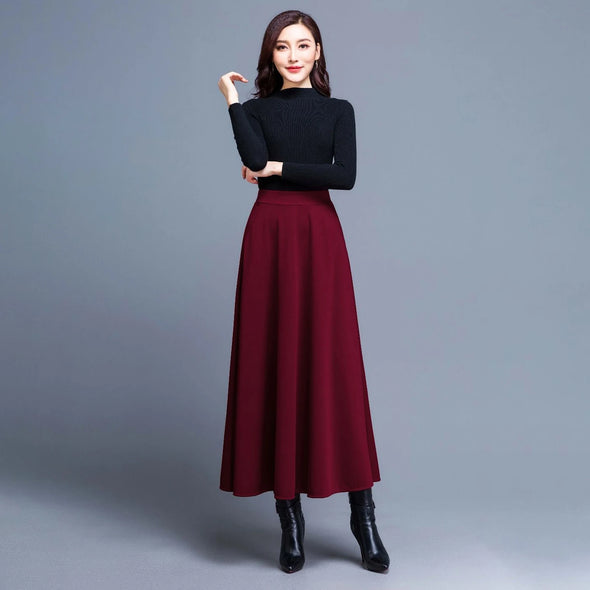 Wine Red Full view of midi A-line skirt front 