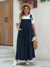 Women's Solid Tie Shoulder Overalls Dress - Summer Casual Maxi Dress with Pockets