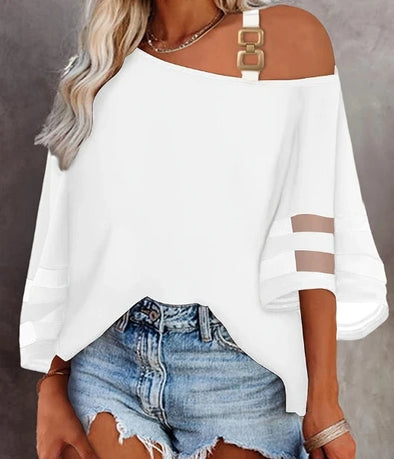 Women's Contrasting Mesh Cold Shoulder Top