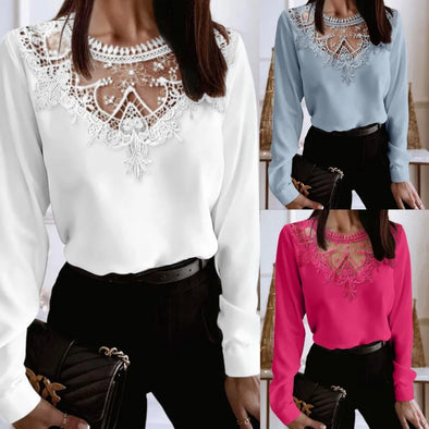 Women's Elegant Lace Shirt - Spring Long-sleeved Solid Color