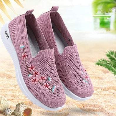 Women's Mesh Sneakers - Breathable Floral Comfort Shoes, Soft Solid Color Fashion Footwear, Lightweight Ladies Shoes
