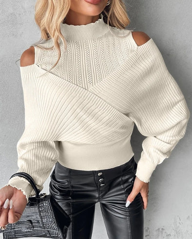 Women's Off Shoulder Two-Piece Knit Sweater - Inner Layered Short/Long Sleeved Top