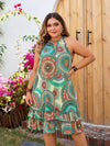 Women's Plus Size Ethnic Print Halter Dress - Bow Tie, Sleeveless, Layered Ruffle Hem