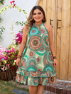 Women's Plus Size Ethnic Print Halter Dress - Bow Tie, Sleeveless, Layered Ruffle Hem