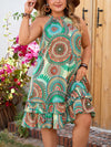 Women's Plus Size Ethnic Print Halter Dress - Bow Tie, Sleeveless, Layered Ruffle Hem