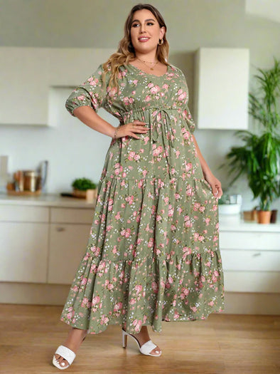 Women's Plus Size Floral-Print Maxi Dress - Knot Front, Ruffle Hem, Puff Sleeve