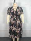 Plus Size Floral A-Line Dress - Surplice Neck, Butterfly Sleeve, Belted, Summer Holiday