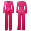 Women's Plus Size Long Sleeve Jumpsuit - Lace Up, Pleated, Wide Leg, Autumn, Club Party, Elegant