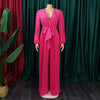 Women's Plus Size Long Sleeve Jumpsuit - Lace Up, Pleated, Wide Leg, Autumn, Club Party, Elegant