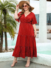 Women's Plus Size Polka Dot Maxi Dress - V-Neck, Butterfly Sleeve, Ruffle Hem