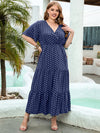 Women's Plus Size Polka Dot Maxi Dress - V-Neck, Butterfly Sleeve, Ruffle Hem