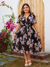Plus Size Floral A-Line Dress - Surplice Neck, Butterfly Sleeve, Belted, Summer Holiday