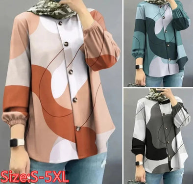 Women's Printed Long-sleeved Casual Shirt - Elegant Single Breasted Commuting Blouse