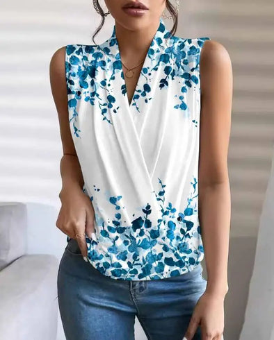 Women's Sleeveless V-Neck Wrap Top - Printed Pleated Design