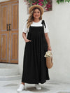 Women's Solid Tie Shoulder Overalls Dress - Summer Casual Maxi Dress with Pockets