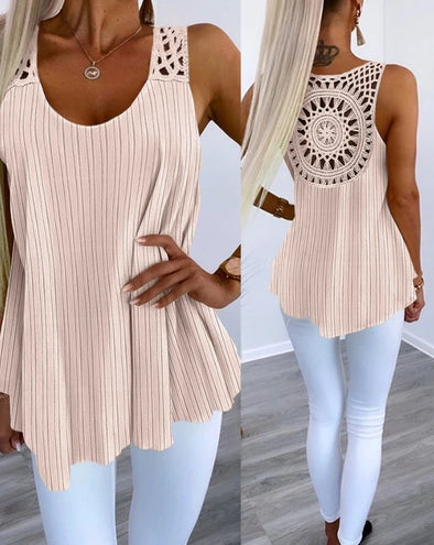 Women's U-Neck Sleeveless Tank Top - Hollow Hooked Lace Loose Slimming Summer Casual