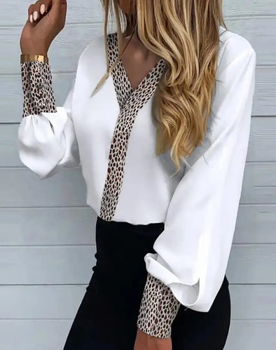 Women's V-Neck Long Sleeved Top - Leopard Print Patch Lantern Sleeve Button Casual Style