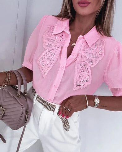 Women's V-Neck Short Sleeve Top - Bow Decoration Contrast Lace Fluffy Sleeve Summer Leisure Shirt