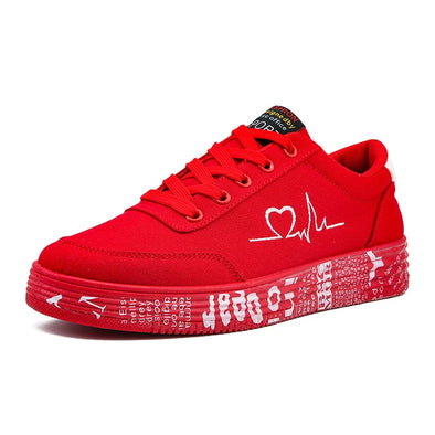 Women's Vulcanized Shoes - Fashion Sneakers, Ladies Lace-Up Casual Shoes, Breathable Canvas Red/White Graffiti Flat Shoes