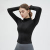 Zip-Front Yoga Shirt – full-zip design in black, styled for gym workouts